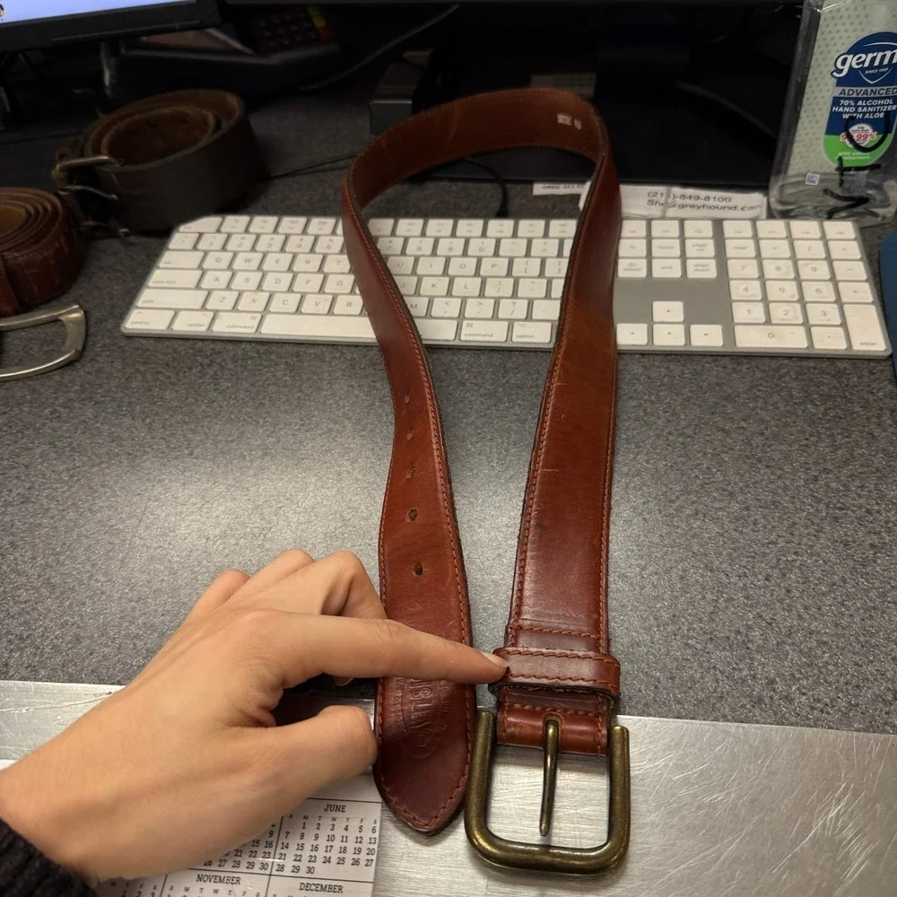 Sisley Jeans Leather Belt Unisex 85 Brown Good Italian Brass Buckle Vintage